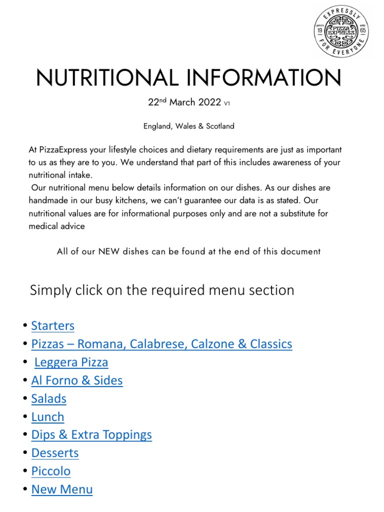 PIZZAEXPRESS Nutritional Menu 22nd March 2022 V1 PDF Food Energy