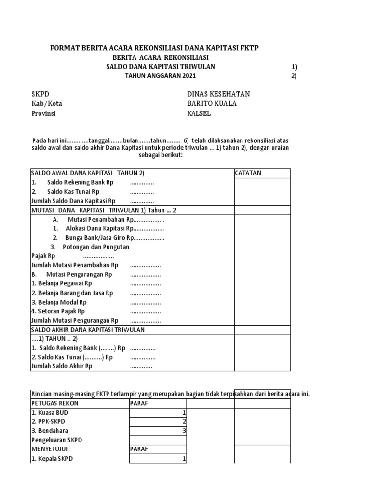 Format Berita Acara Rekon Dana Kapitasi fktp-1 | PDF