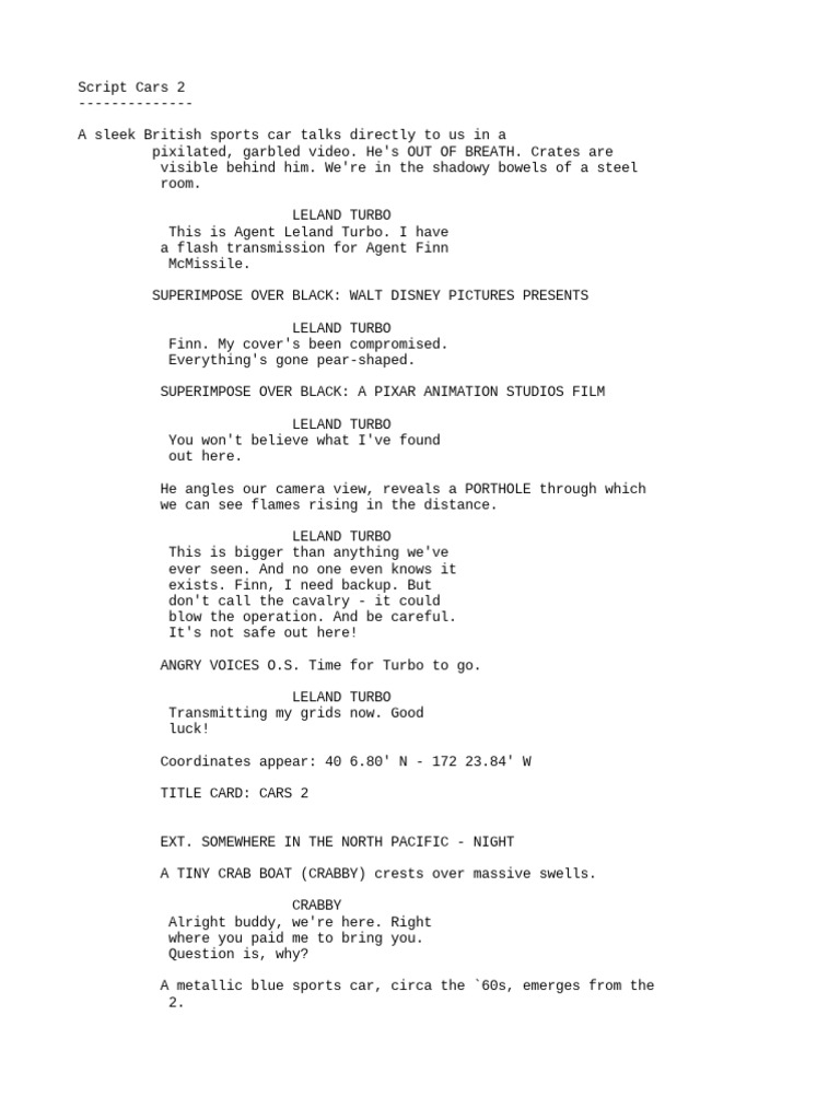 Cars 2, Movie Script (English Version) | PDF