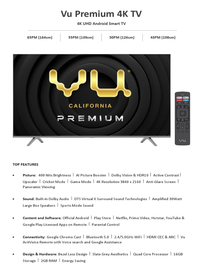 Vu premium 4k tv specification 43pm 50pm 65pm pdf hdmi digital