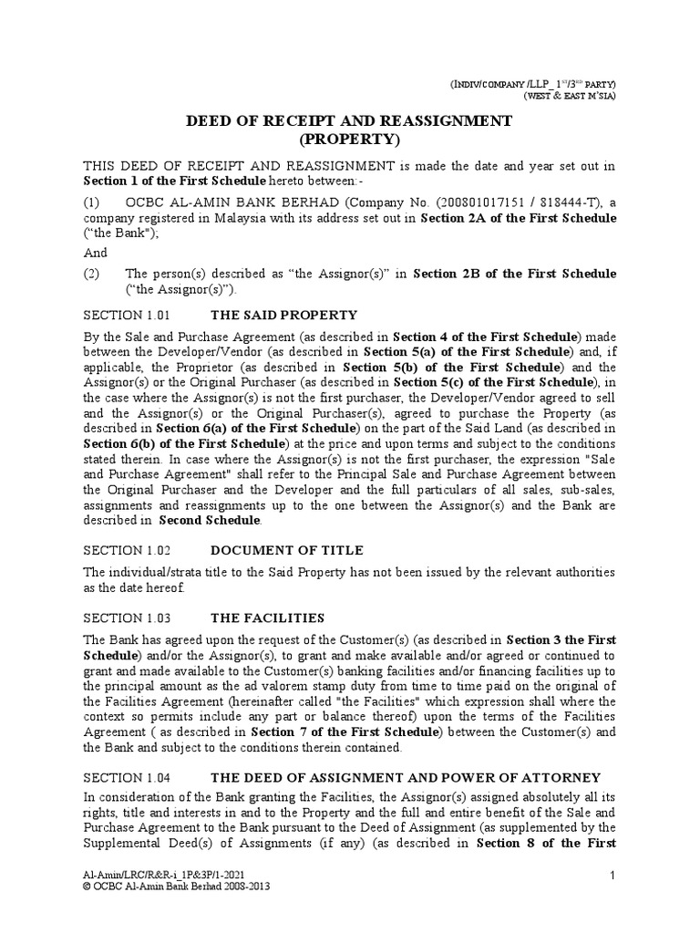 Deed of Receipt and Reassignment Malaysia | PDF | Assignment (Law) | Banks