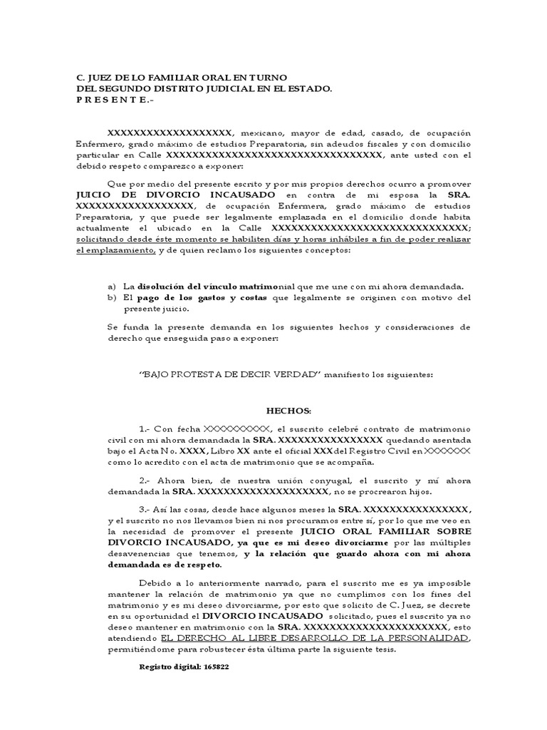 Modelo Demanda de Divorcio | PDF | Divorcio | Matrimonio