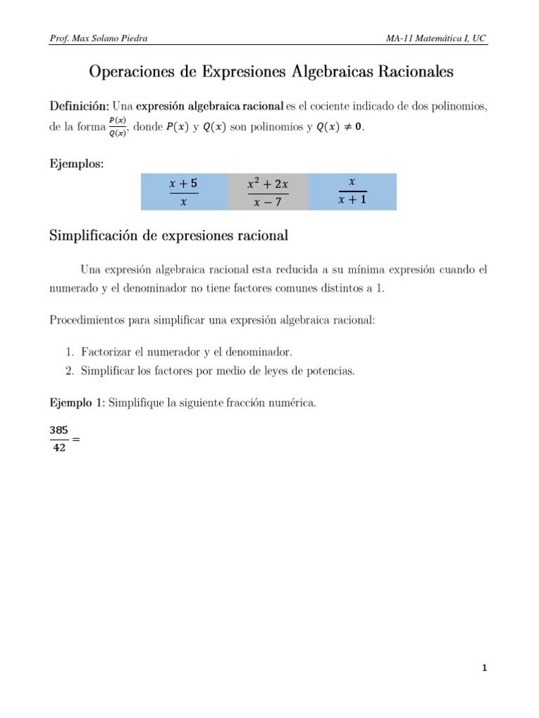 Operaciones de Expresiones Algebraicas Fraccionarias | PDF ...