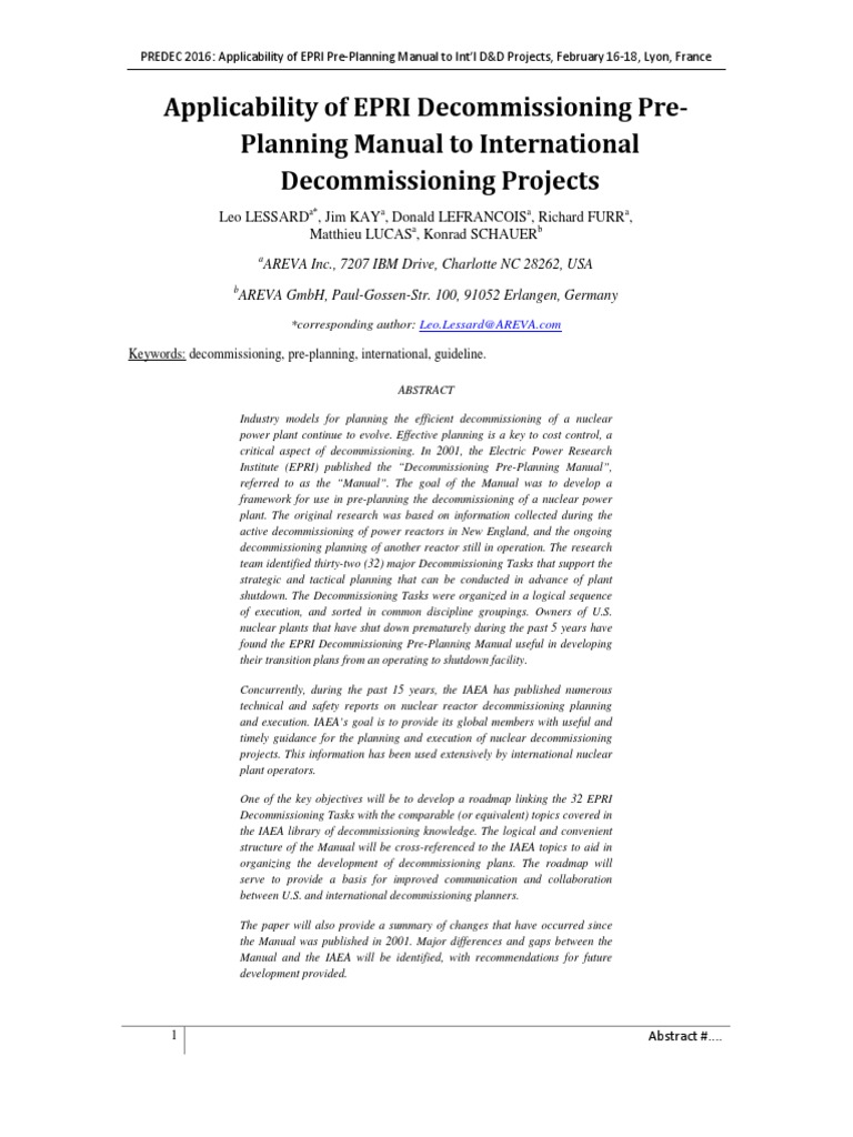 Applicability of EPRI PrePlanning Manual To