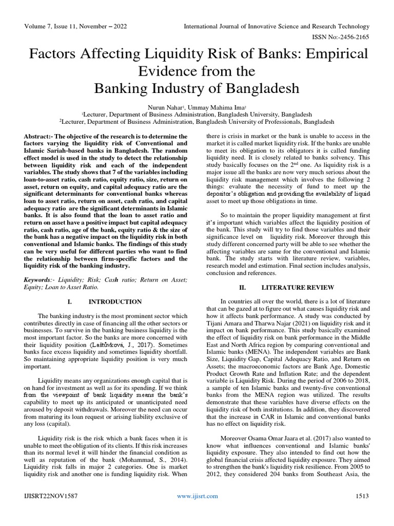 Factors Affecting Liquidity Risk of Banks Empirical Evidence From The Banking Industry of