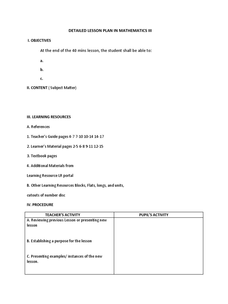 Detailed Math Lesson Plan III | PDF