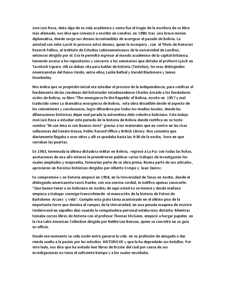 José Luis Roca: Historia y Escritura en Bolivia | PDF