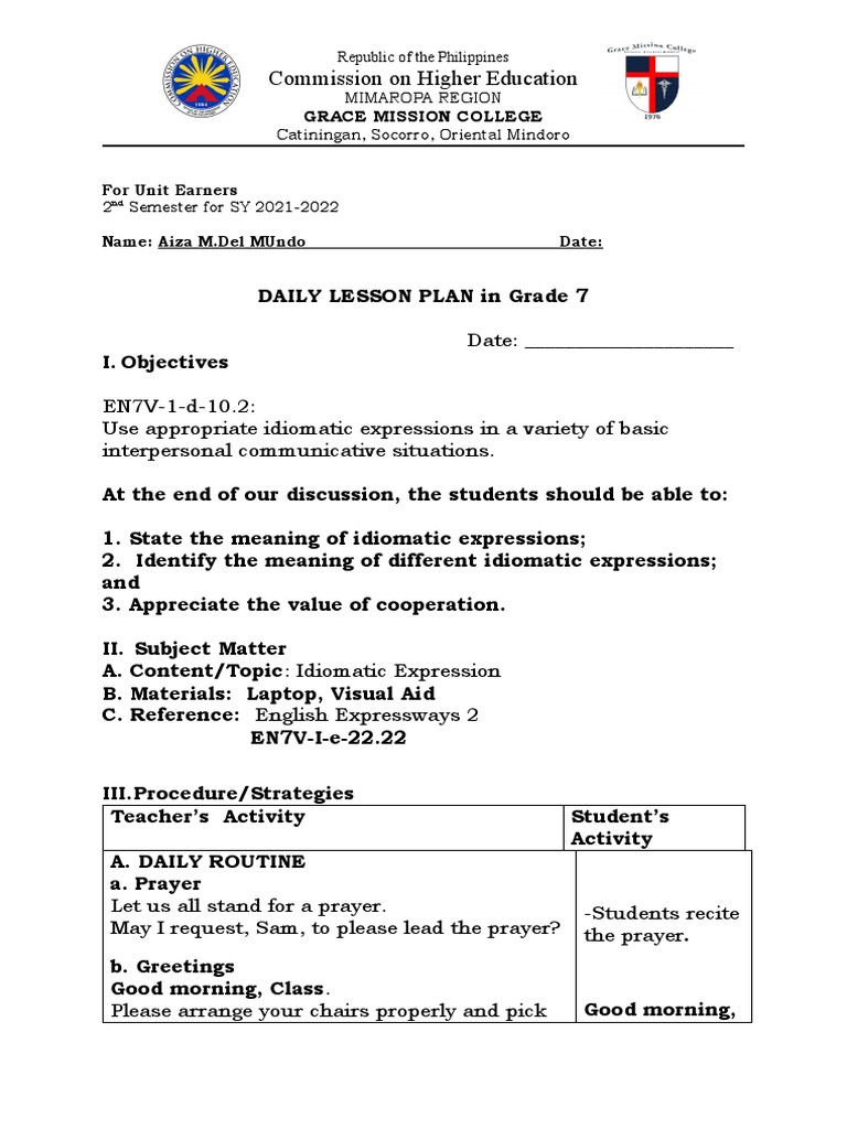 Grade 7 Daily Lesson Plan: Idiomatic Expressions | PDF | Idiom | Lesson ...