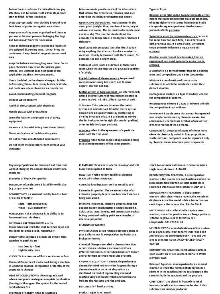 Laboratory Safety, Procedures, and Key Concepts in Chemistry PDF