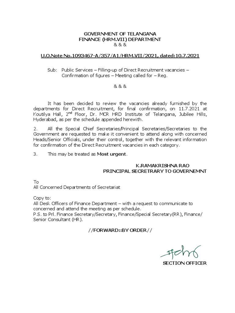Government of Telangana Finance (HRM Vii) Department U.O.Note No