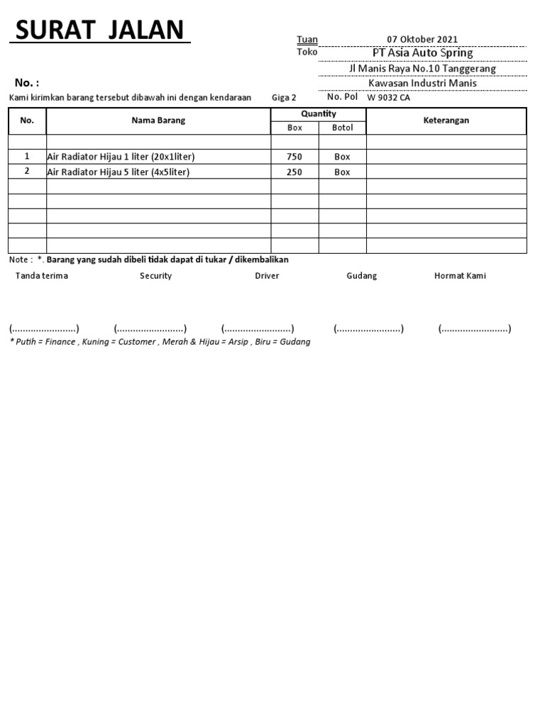 Surat Jalan Pengiriman Barang Motor | PDF
