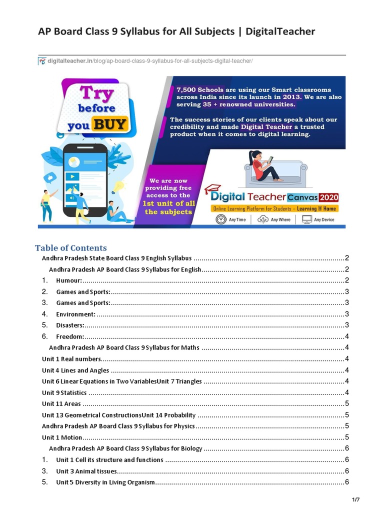 AP Board Class 9 Syllabus For All Subjects Digital Teacher | PDF | Cost ...