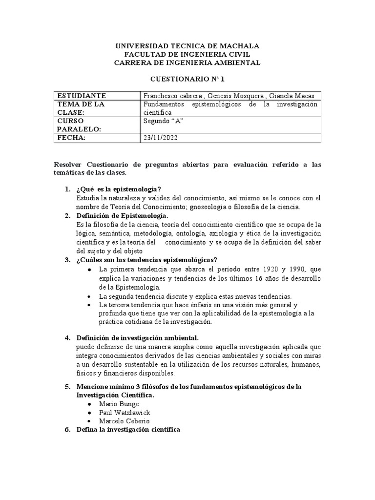 Cuestionario de Epistemología y Ambiente | PDF | Entorno natural ...