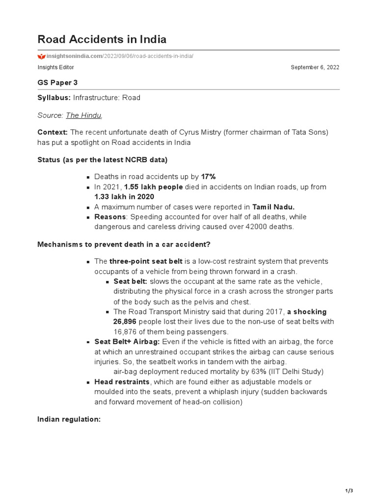 Road Accidents in India PDF Seat Belt Airbag