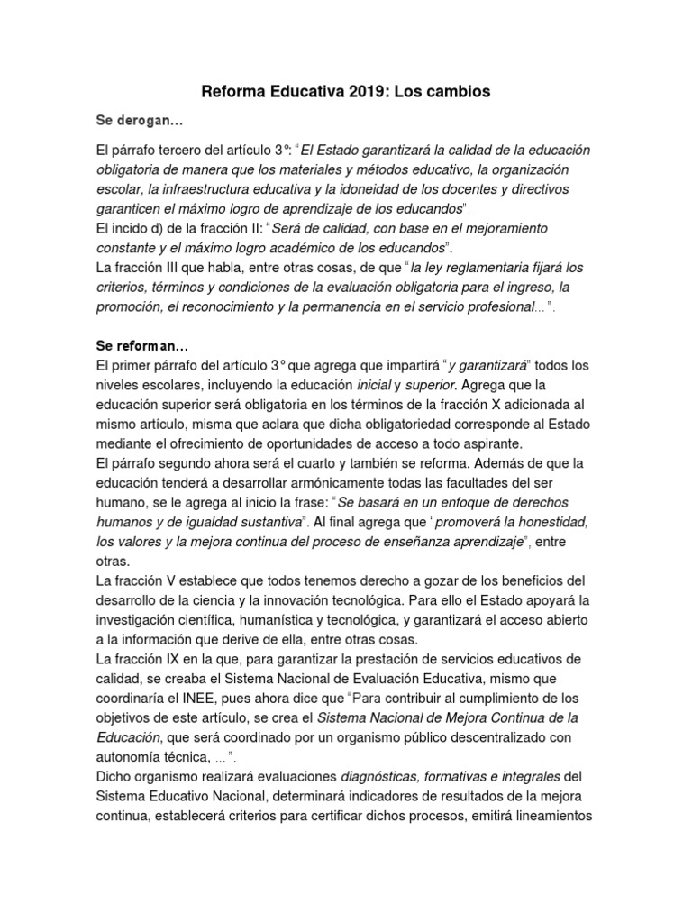 Cambios Clave en la Reforma Educativa 2019 | PDF | Maestros | Evaluación