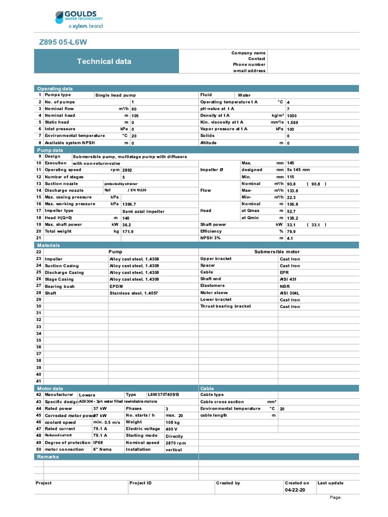 Submersible Pump Technical Data Sheet | PDF | Pump | Gas Technologies
