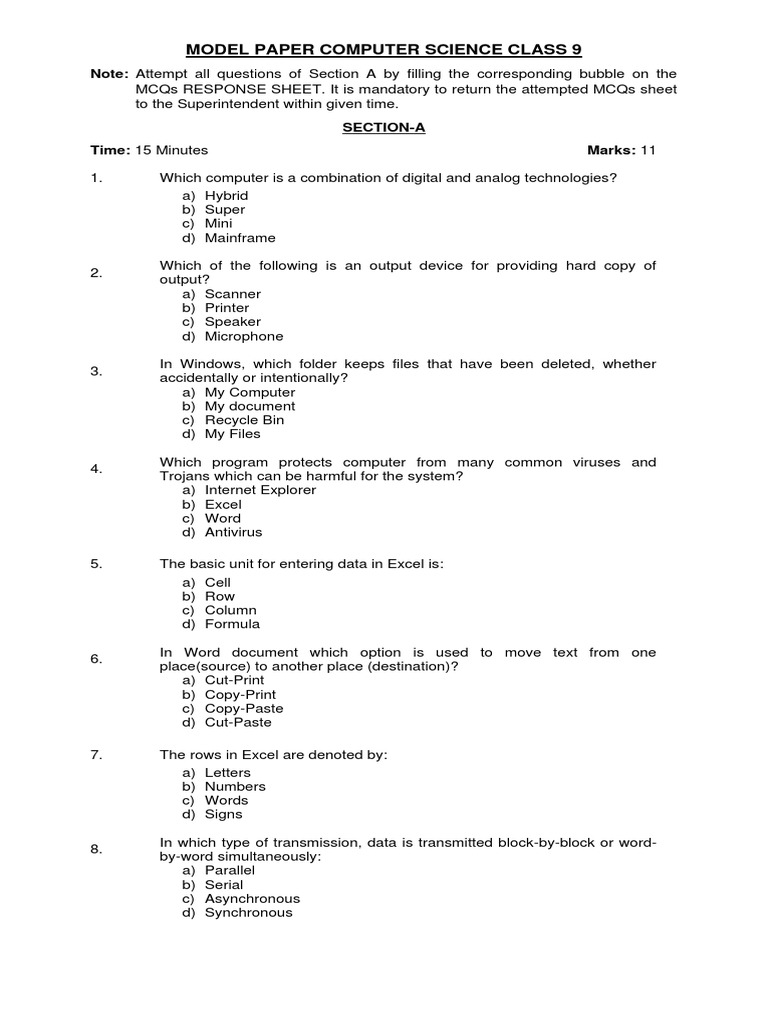 Computer Science Model Paper | PDF | Computer File | Microsoft Excel