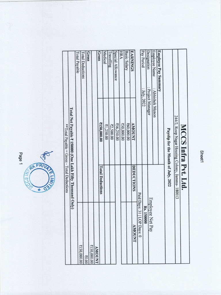 Salary Slip - July 2022 - Mr. Abhishek Menon | PDF