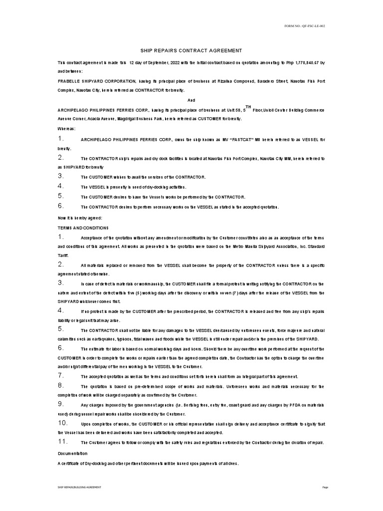 Qf-Fsc-Le-002 - Ship Repair Agreement | PDF | Legal Liability | Ships