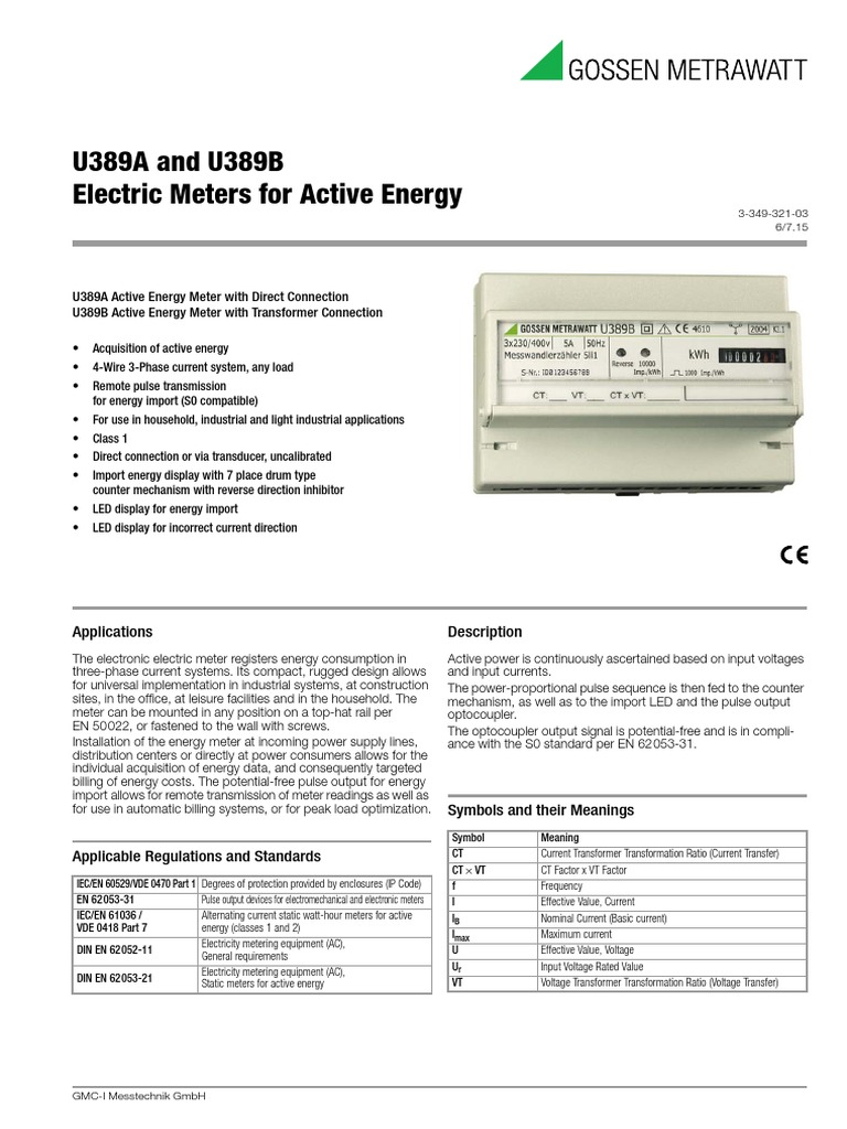 U389A and U389B Electric Meters For Active Energy | PDF | Alternating ...