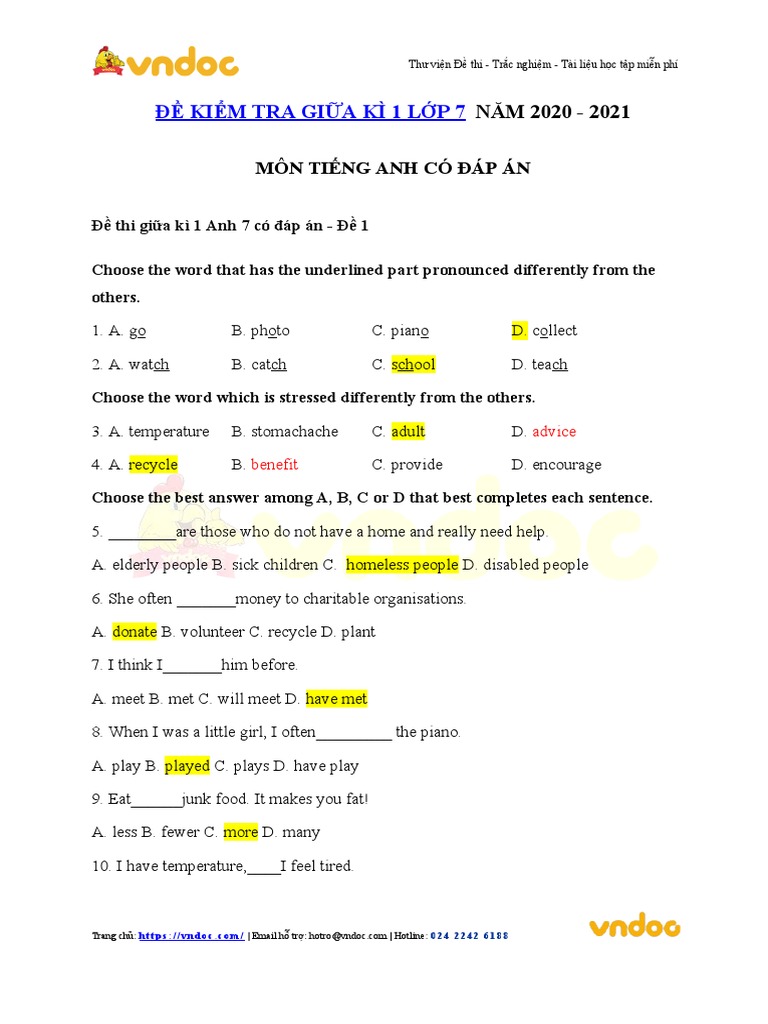 De Thi Giua Hoc Ki 1 Mon Tieng Anh Lop 7 Thi Diem Co Dap An 1 | PDF ...