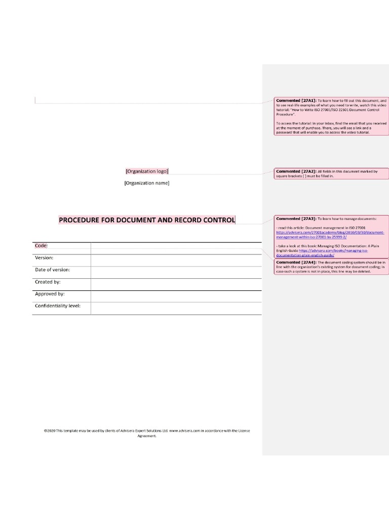 Procedure For Document and Record Control (ISO 27001 Templates) | PDF