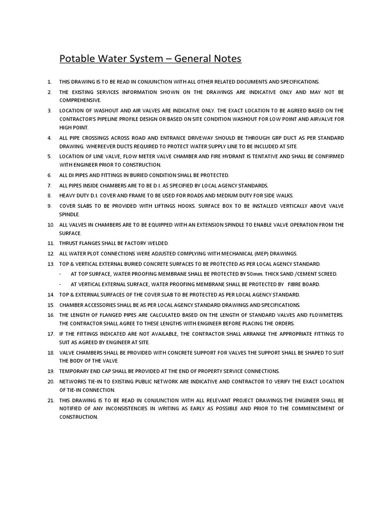 Potable Water System General Notes PDF Pipe (Fluid Conveyance