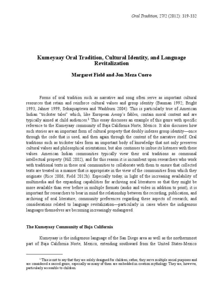 Kumeyaay Oral Tradition Cultural Identit PDF Dialect Storytelling