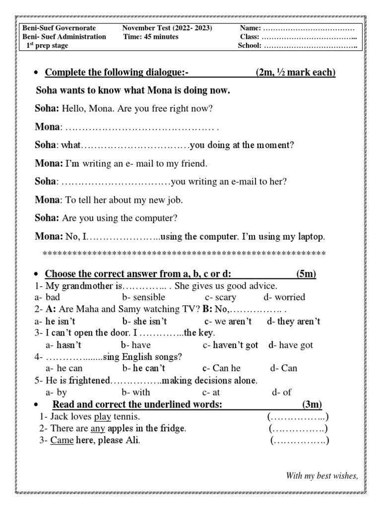 1st Prep Hello November Test | PDF | Sports & Recreation | Games ...