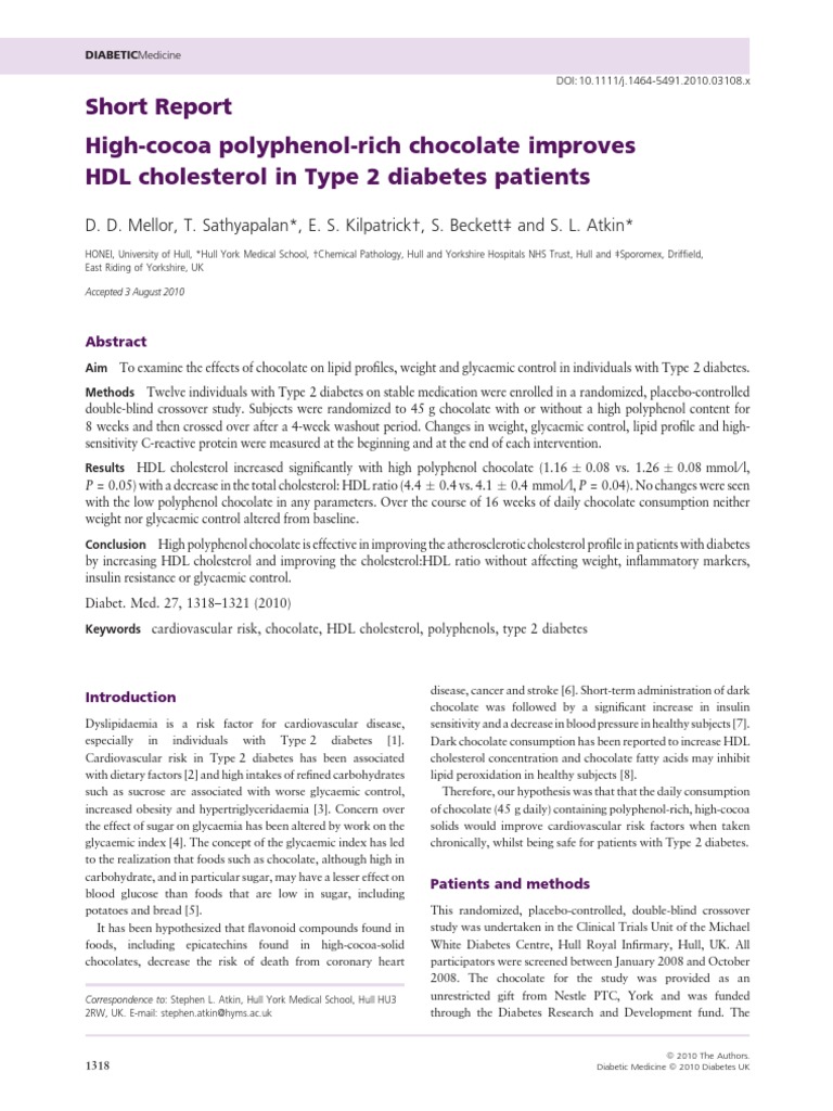 HighCocoa PolyphenolRich Chocolate Improves HDL Cholesterol in Type 2