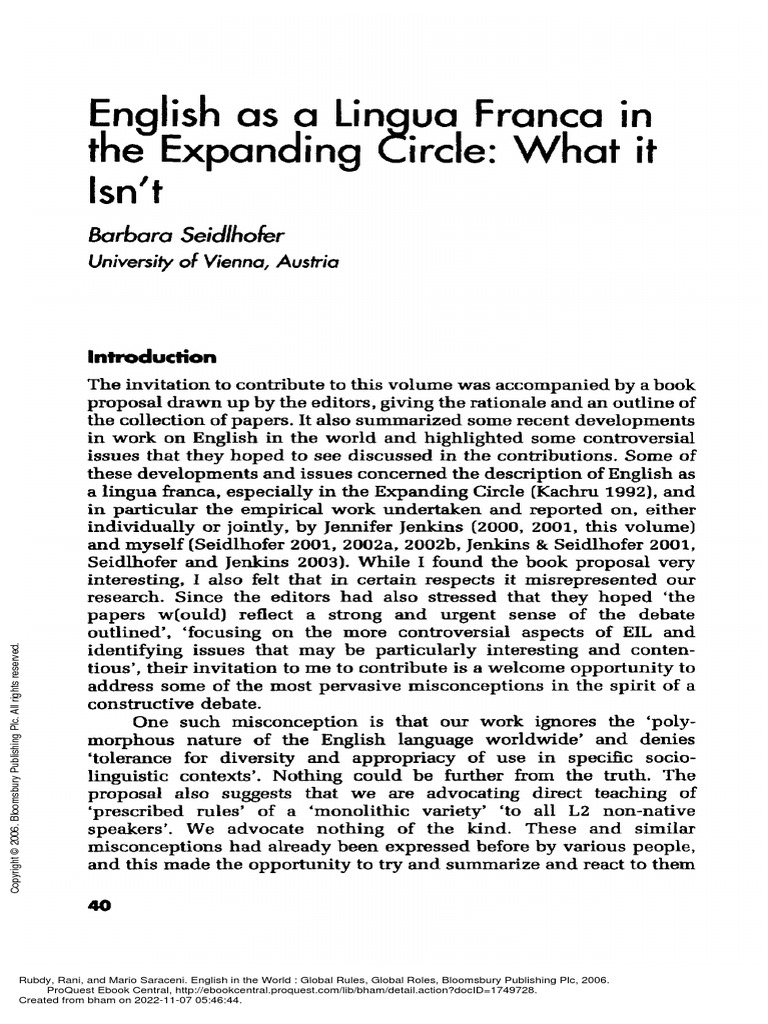 Seidlhofer, 2006 English As A Lingua Franca in The Expanding Circle
