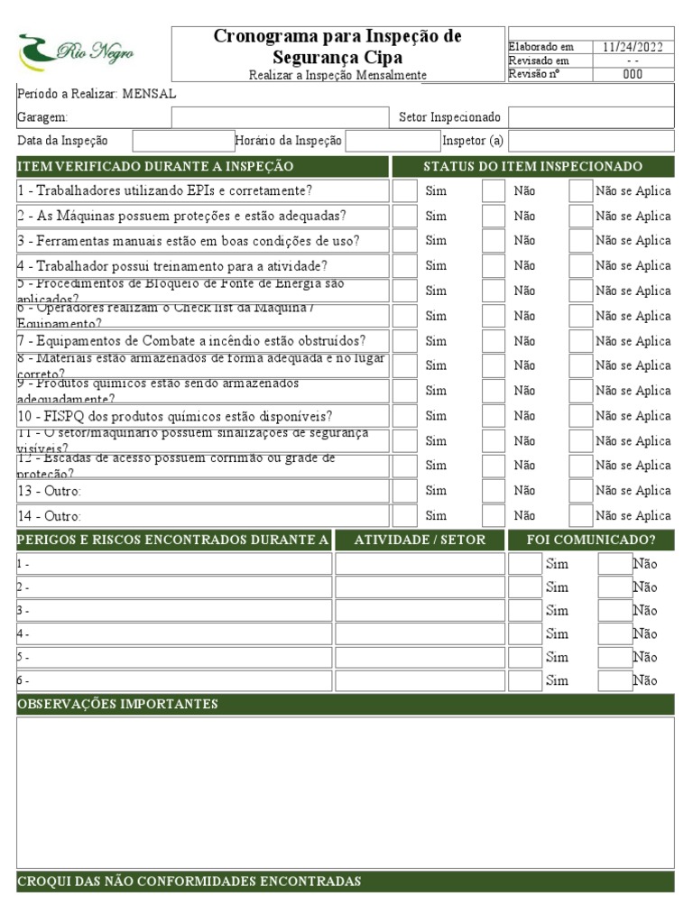 Cronograma Mensal de Inspeção CIPA | PDF