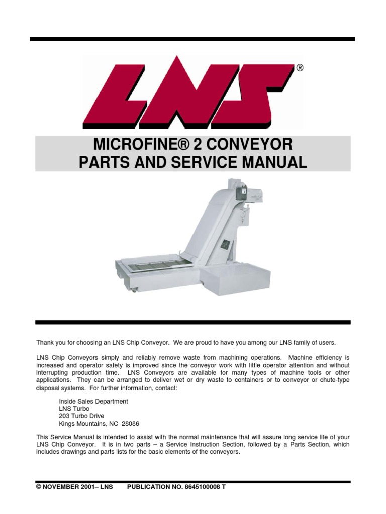 MICROFINE MF2 2 Chip Conveyor Parts and Service Manual LNS Turbo