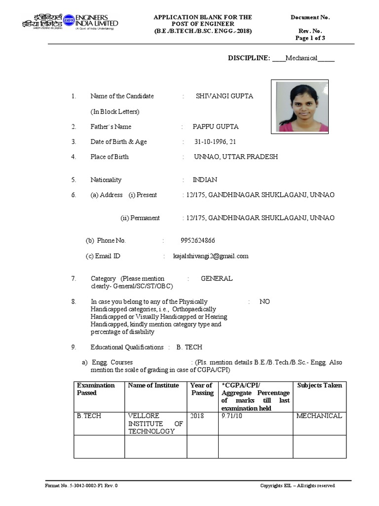 Application Blank - B. Tech. SHIVANGI GUPTA | PDF