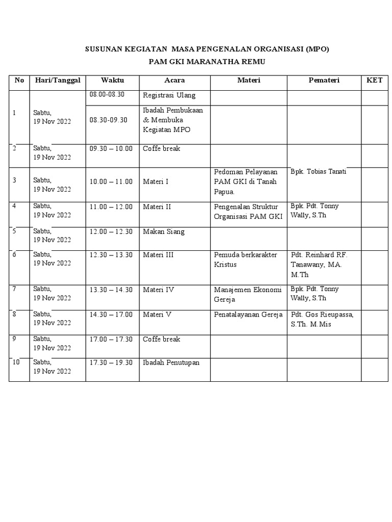 Jadwal Kegiatan MPO GKI Maranatha | PDF