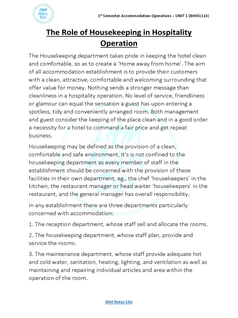 UNIT 01 The Role of Housekeeping in Hospitality Operation PDF