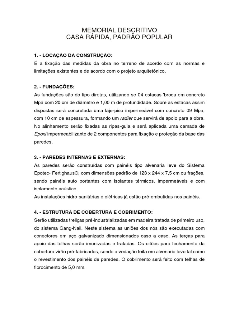 Memorial Descritivo Casa Popular | PDF | Tanque séptico | Pia