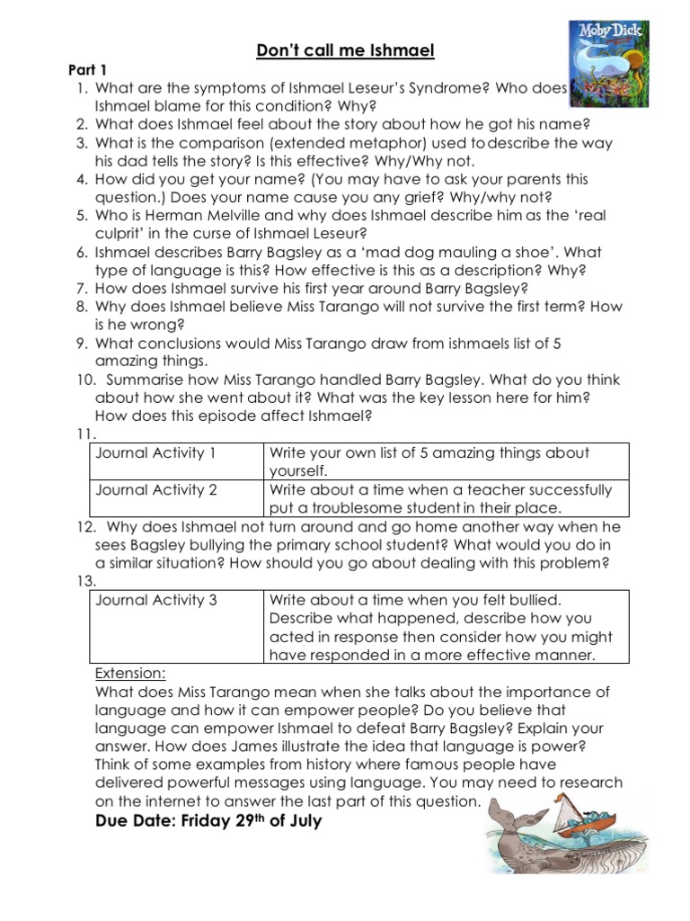 Don't Call Me Ishmael Questions Year 8 PDF Ishmael (Moby Dick) Psychological Concepts