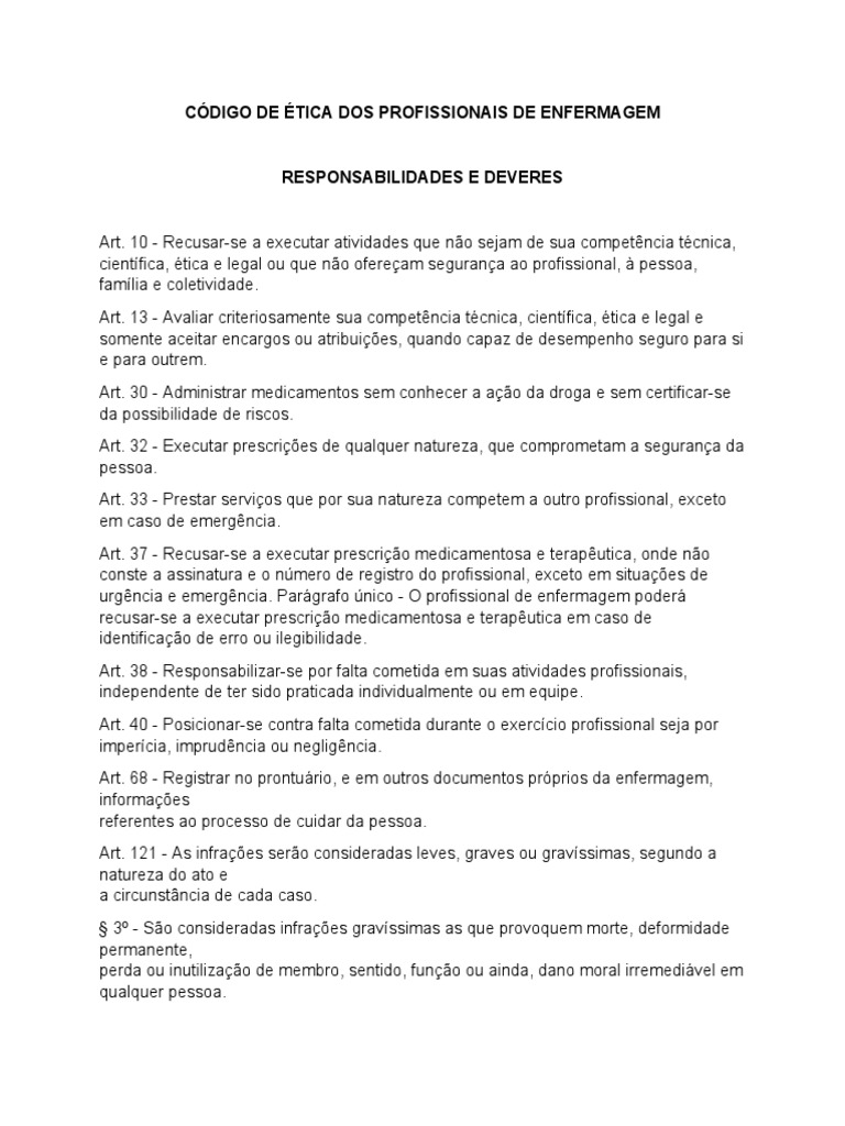 Código de Ética Dos Profissionais de Enfermagem | PDF | Enfermagem ...