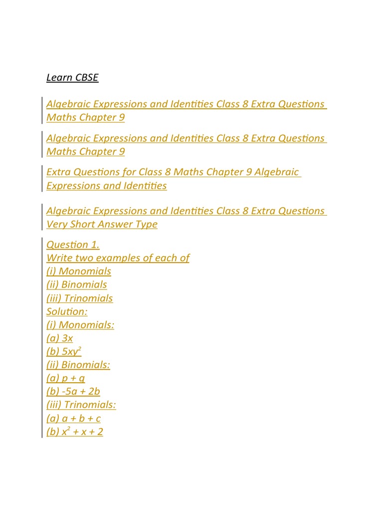Class 8 Algebraic Expressions Guide | PDF | Elementary Mathematics ...