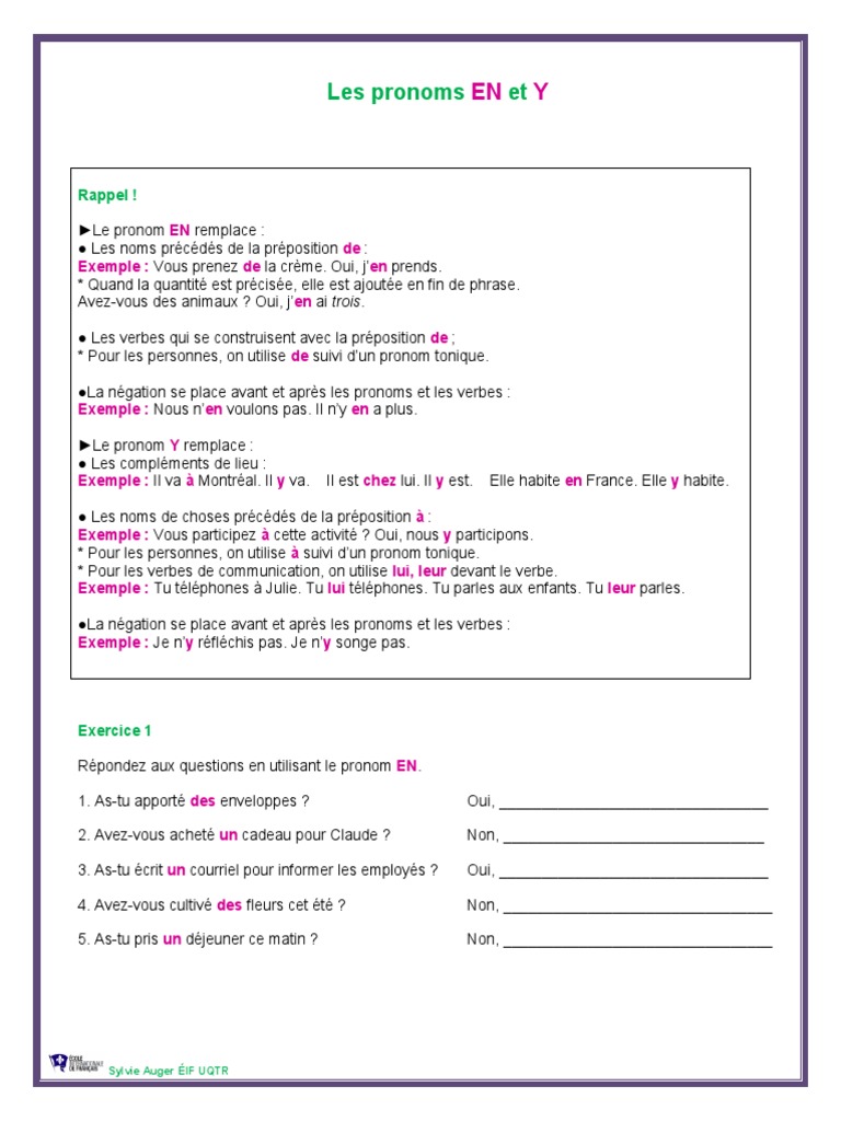 Les Pronoms Exercices Corrigés Pdf Les Pronoms Compléments EN Et Y Exercices Et Corrigé 1 2 | PDF | Pronom