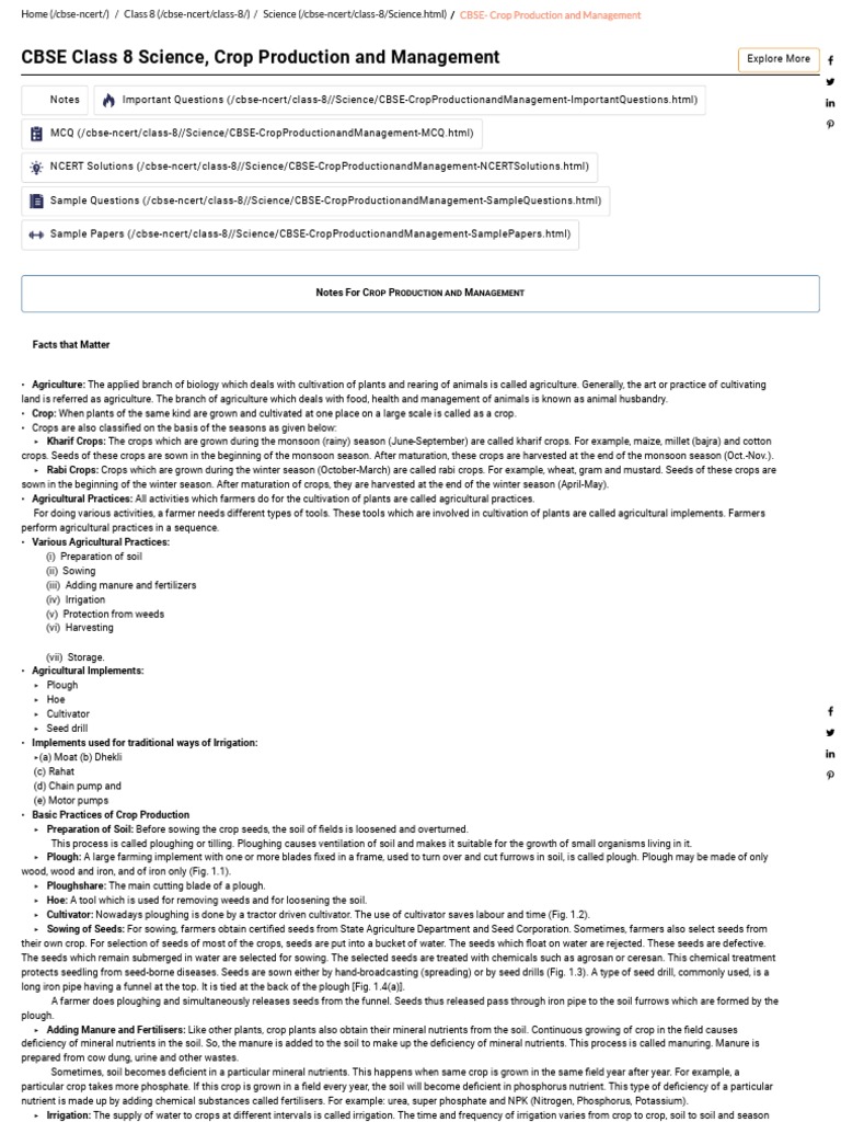 CBSE Class 8 Science, Crop Production and Management: Notes For C P M ...