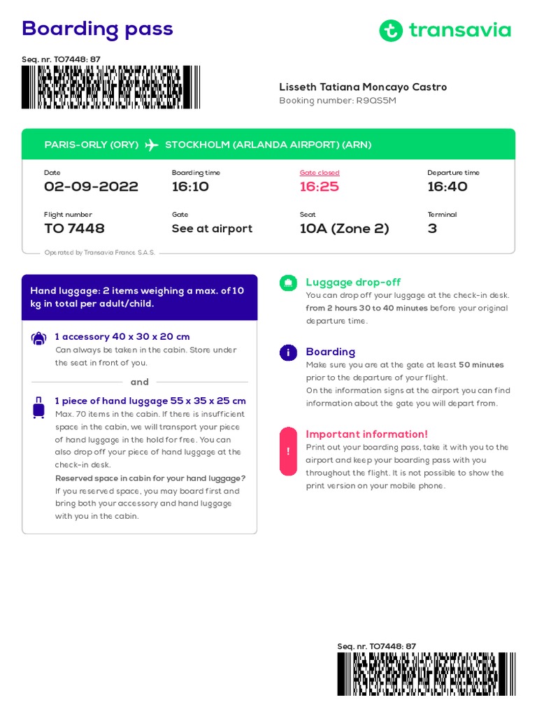 Transavia Boardingpass ORYARN TO7448 PDF Baggage Aviation