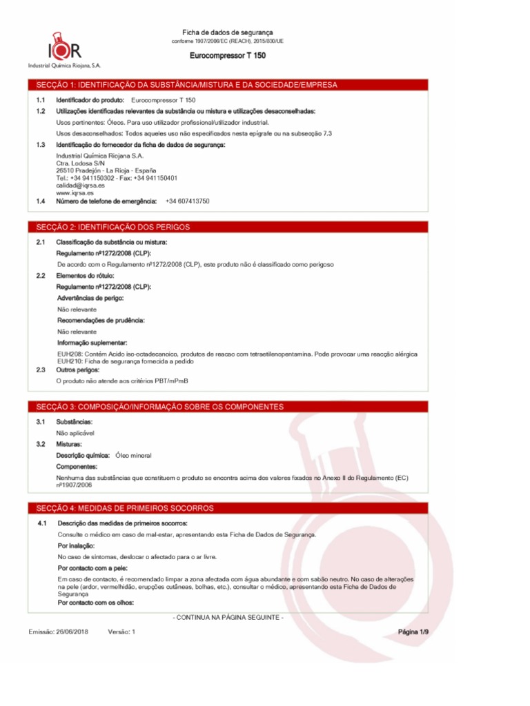 Ficha de Dados de Segurança de 'Eurocompressor T 150' (Versão 1 ...