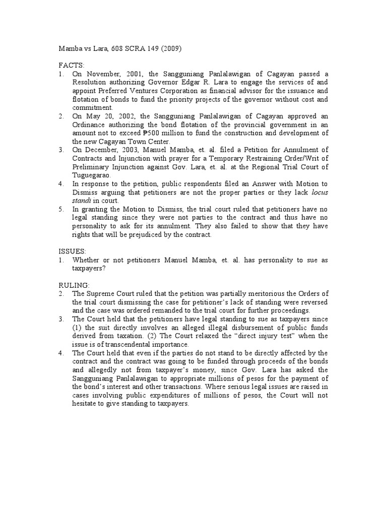 Mamba Vs Lara, 608 SCRA 149 (2009) Case Digests | PDF | Standing (Law ...
