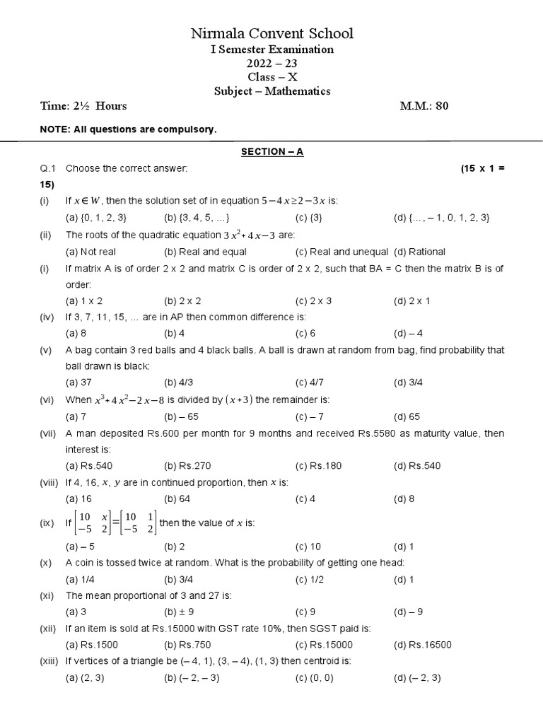 Mathematics Class X SOLVED | PDF | Equations | Matrix (Mathematics)
