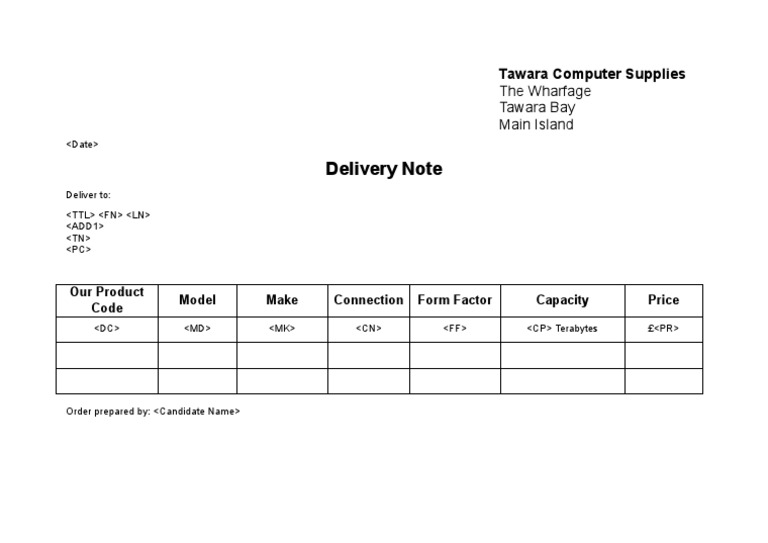 Delivery Note for Tawara Computer Supplies Order of a Desktop Computer with Terabyte Capacity to