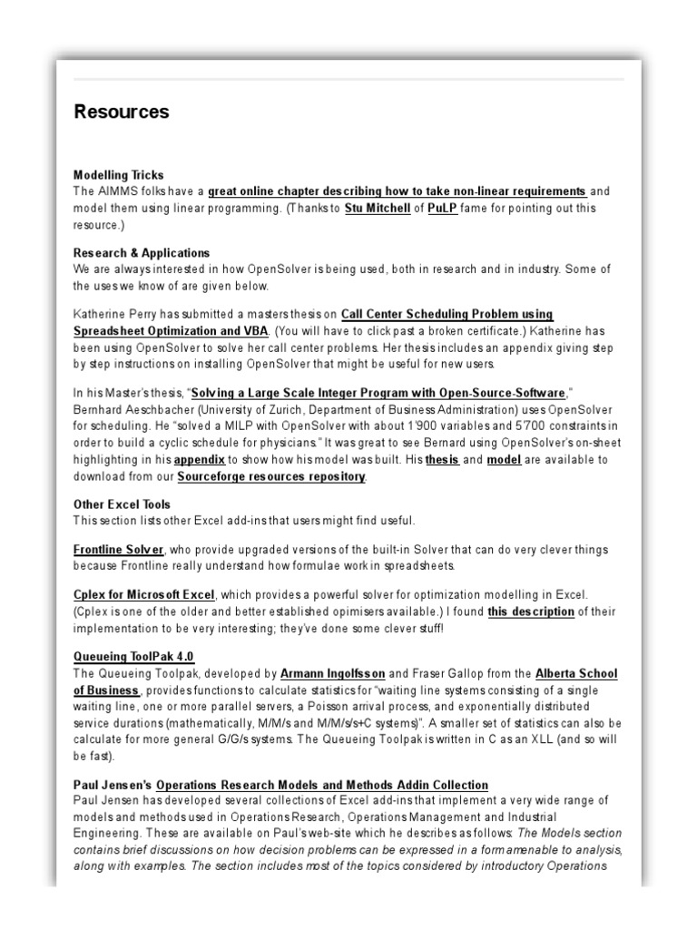Resources Opensolver For Excel Pdf Microsoft Excel Operations