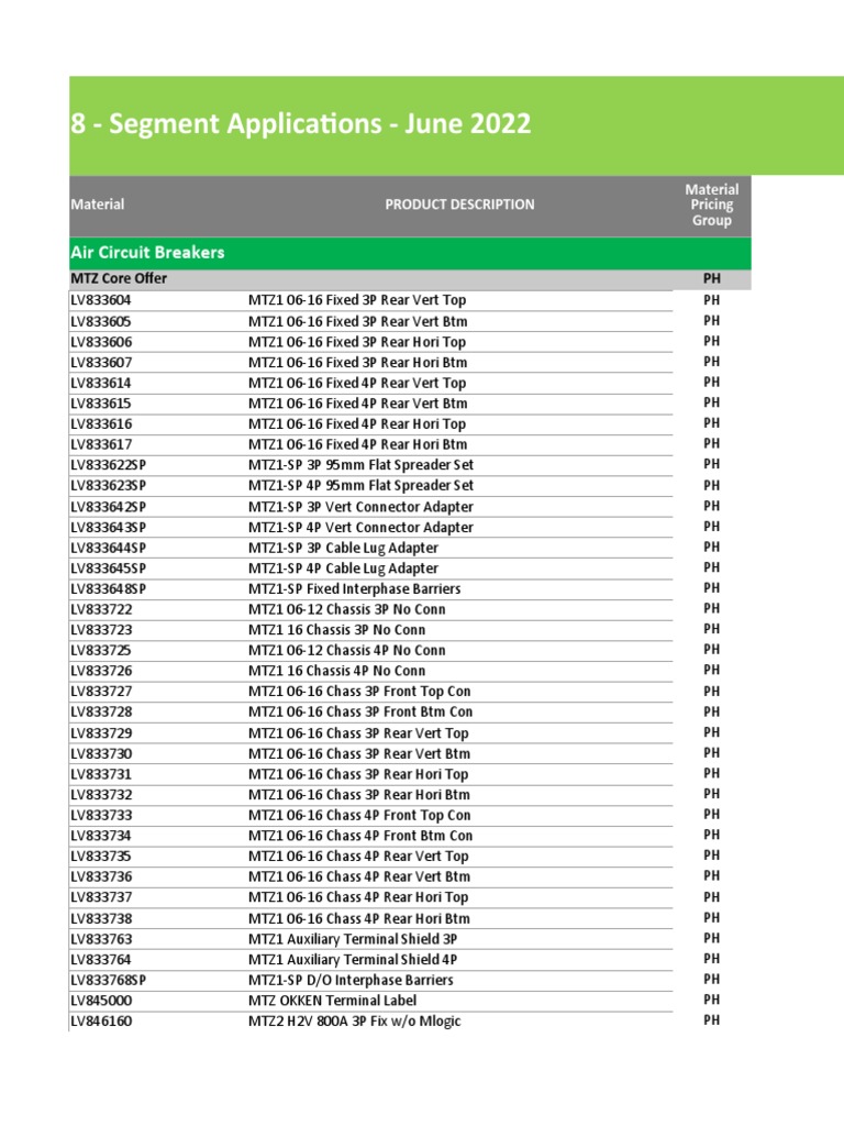 Schneider Electric List Prices SubCollection 8 Segment Applications
