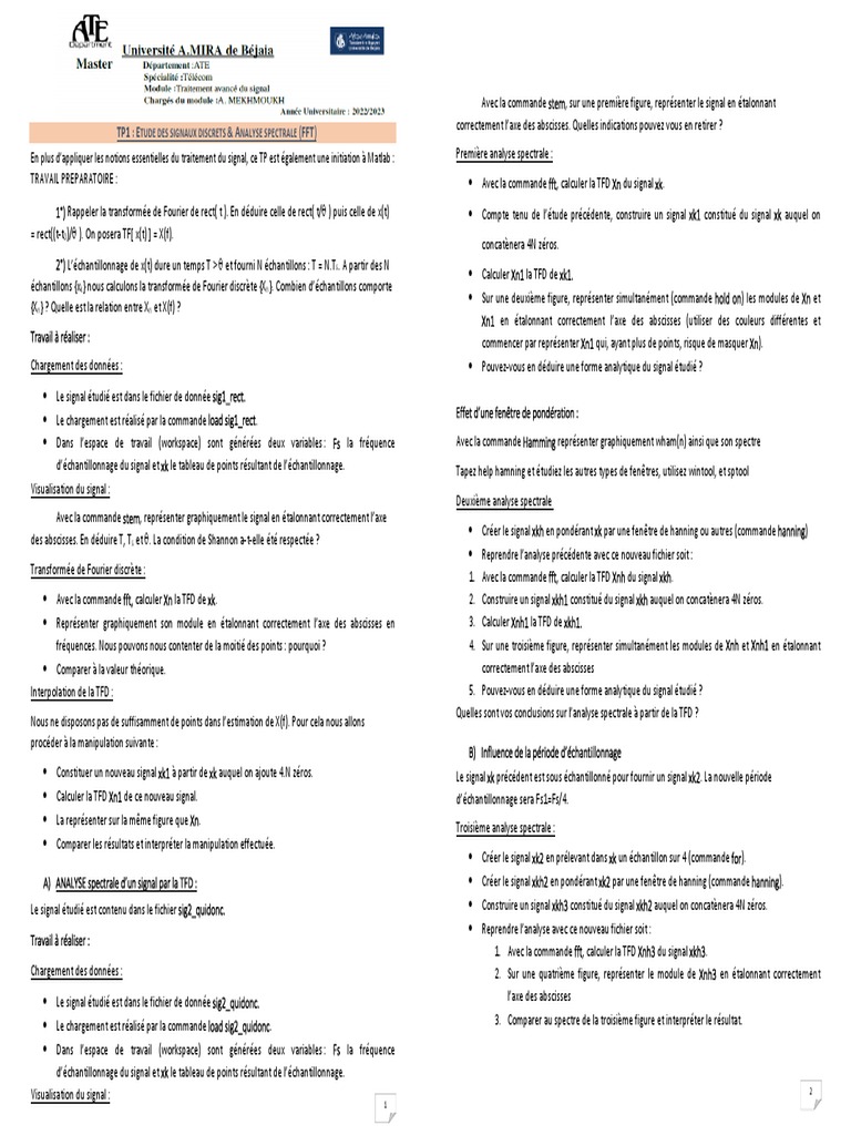 Analyse Spectrale avec FFT et Matlab | PDF | Transformation de Fourier ...